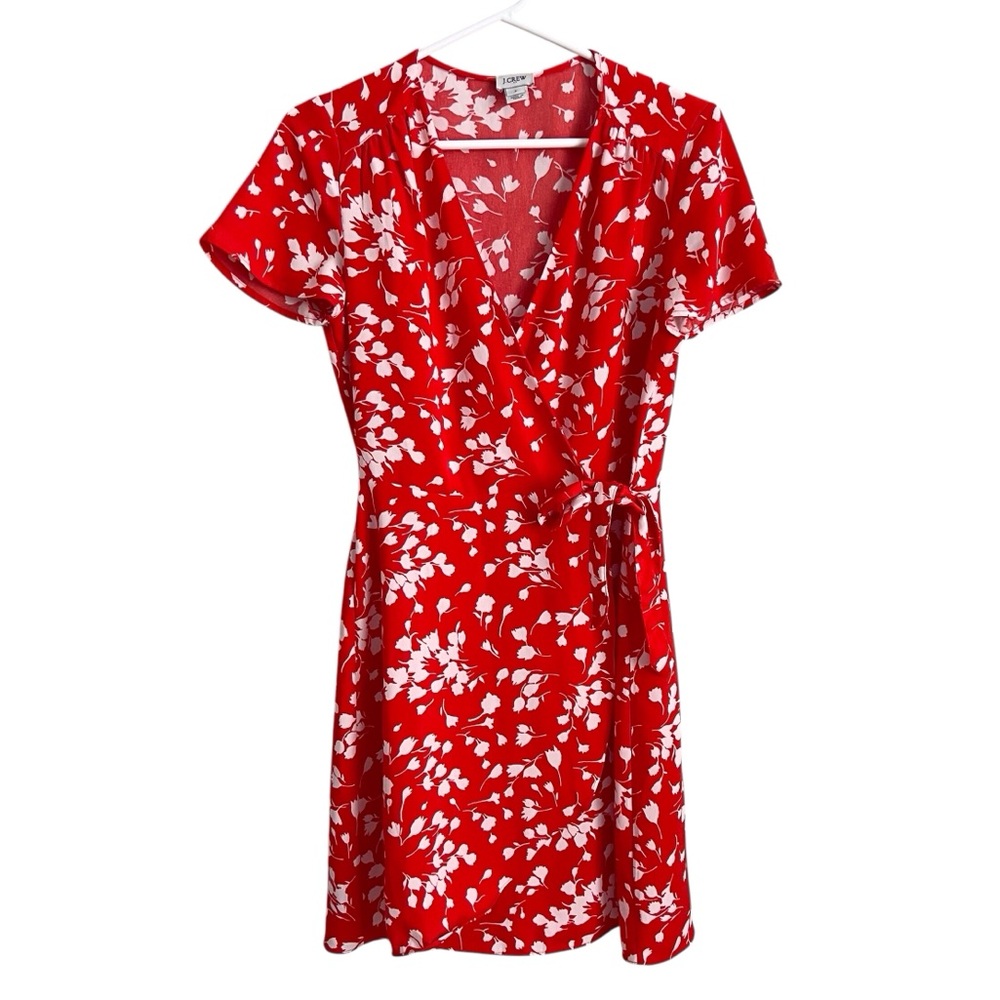 J Crew Red Floral Wrap Dress Preppy Feminine Romantic Short Sleeve Mini Size 2